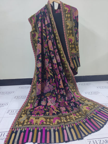 Black Magenta Floral Kani Pashmina 3pc