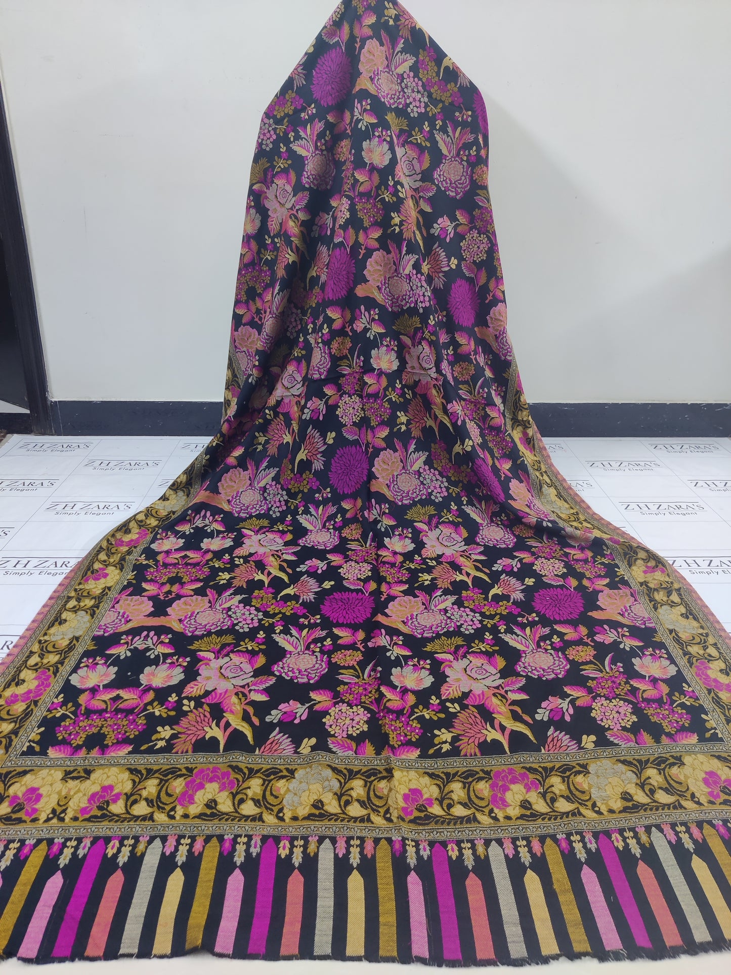 Black Magenta Floral Kani Pashmina 3pc