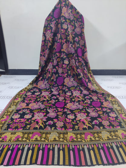 Black Magenta Floral Kani Pashmina 3pc