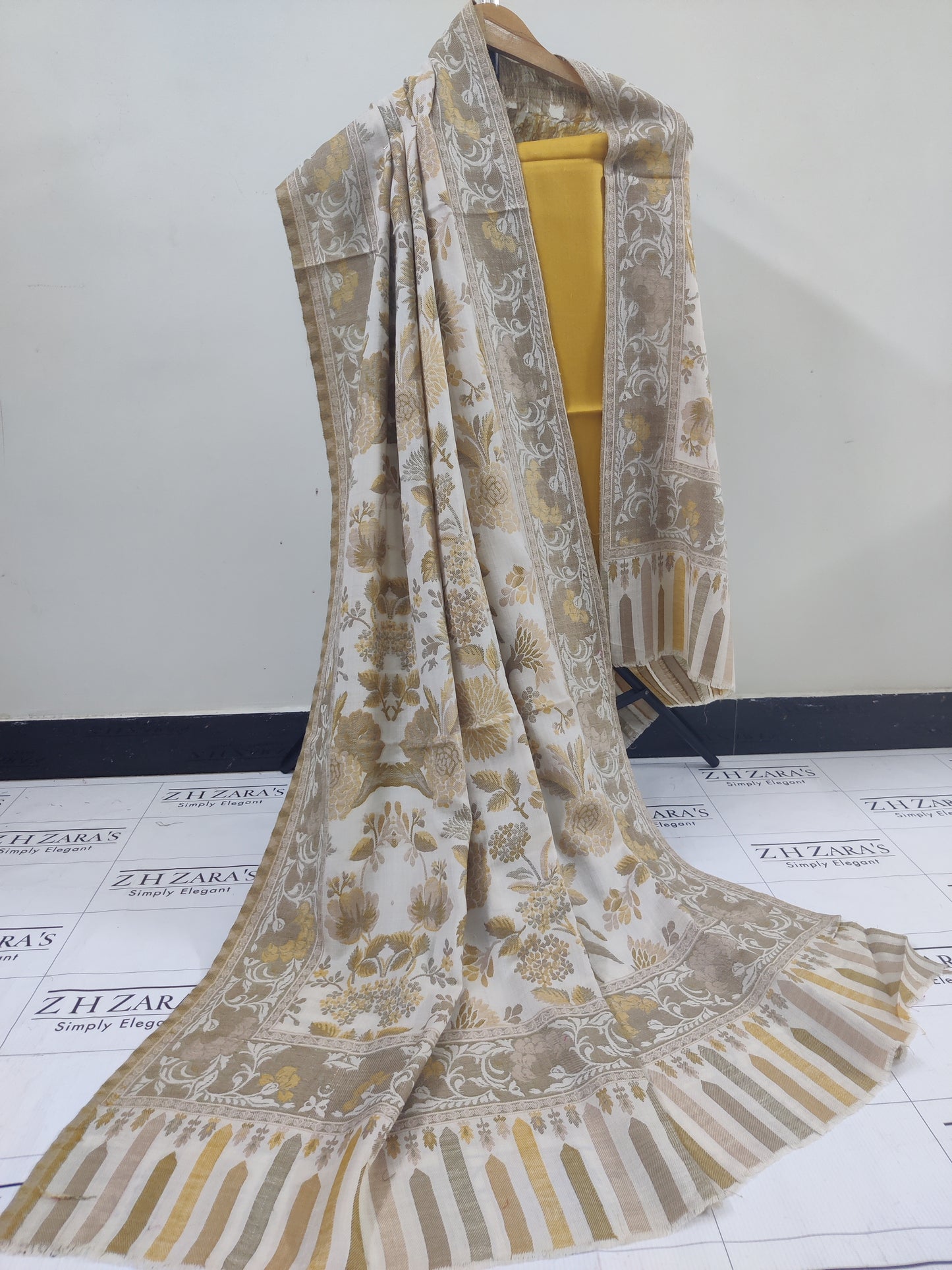 Mustard Beige Floral Kani Pashmina 3pc