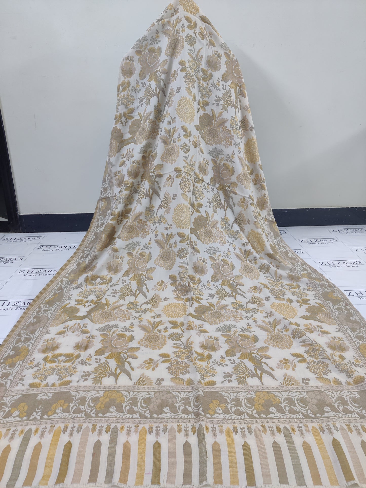 Mustard Beige Floral Kani Pashmina 3pc
