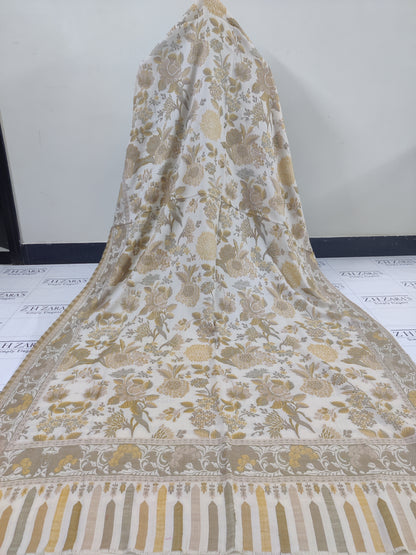 Mustard Beige Floral Kani Pashmina 3pc