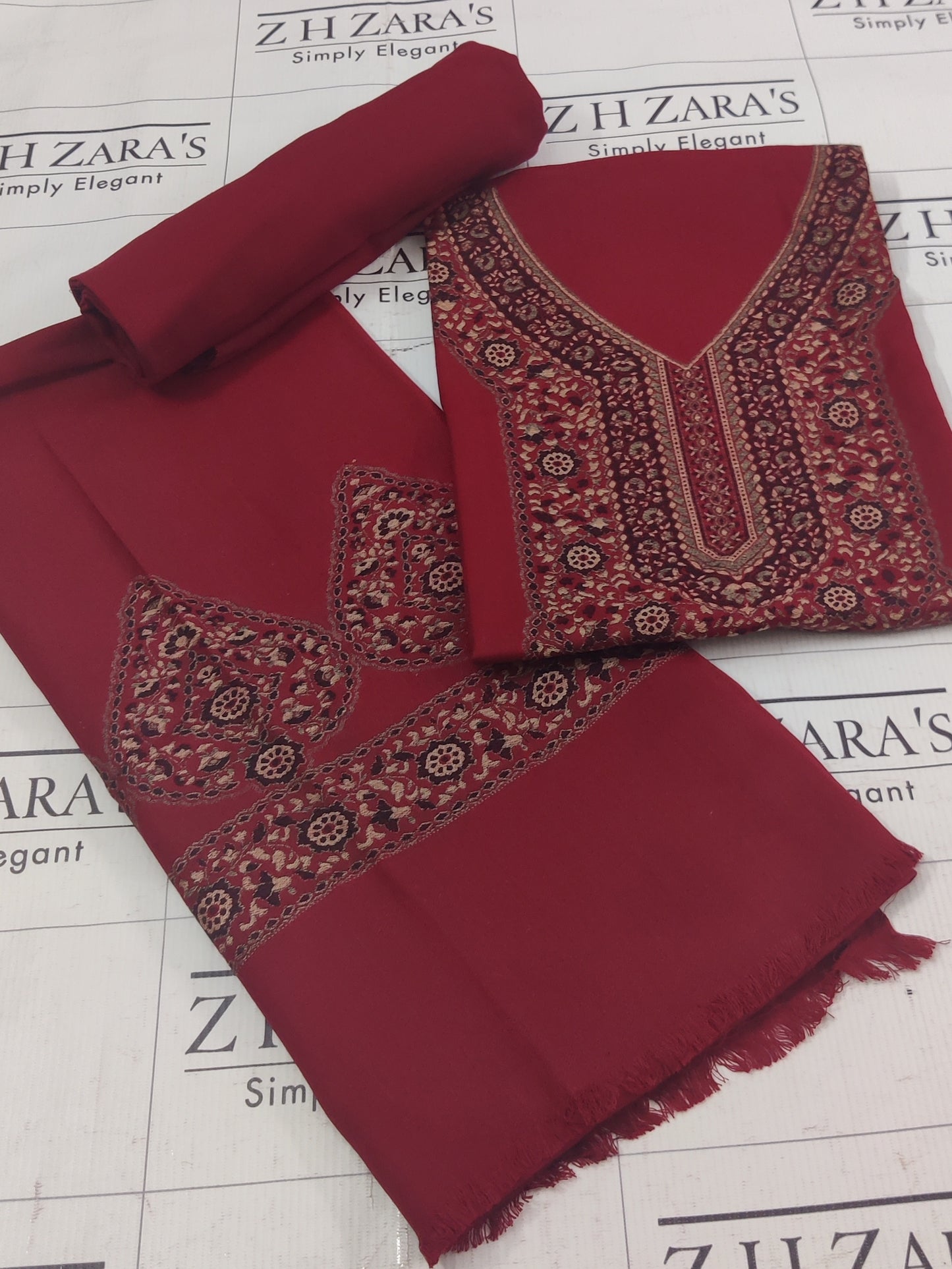 Maroon Gala Kani Pashmina 3pc