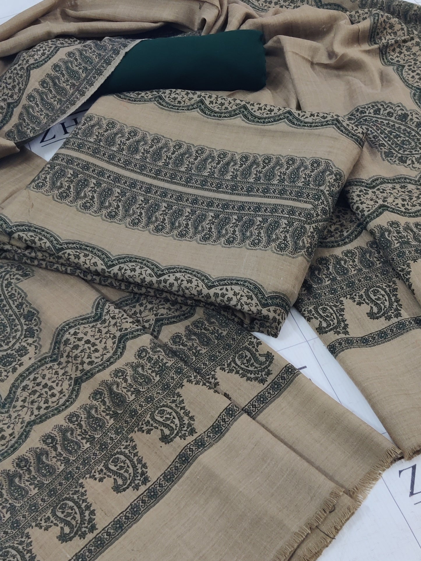 Camel Green Double Kani Pashmina 3pc