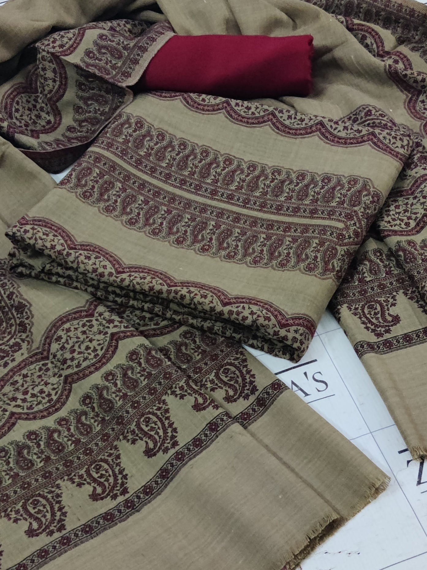 Camel Maroon Double Kani Pashmina 3pc