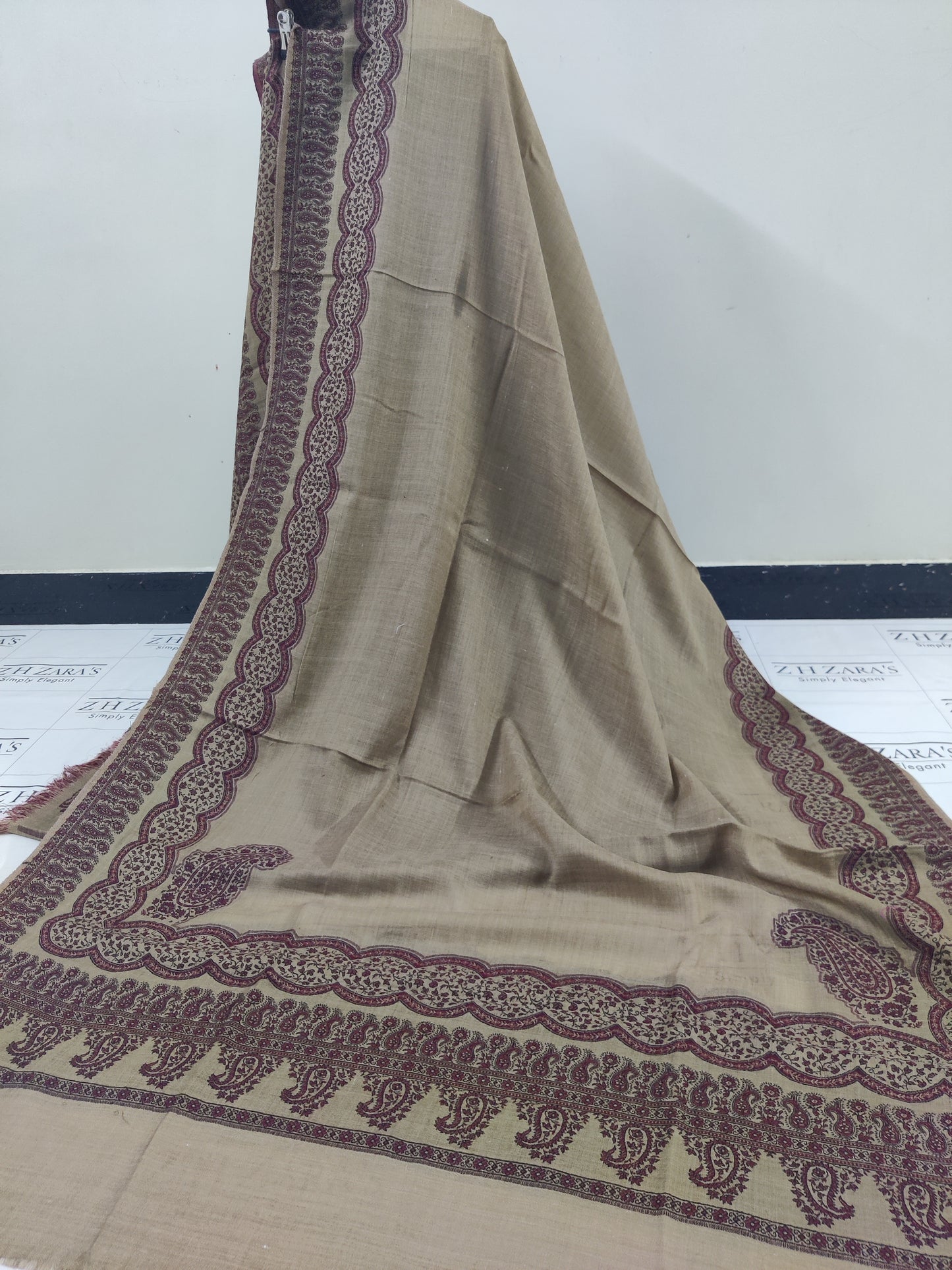 Camel Maroon Double Kani Pashmina 3pc