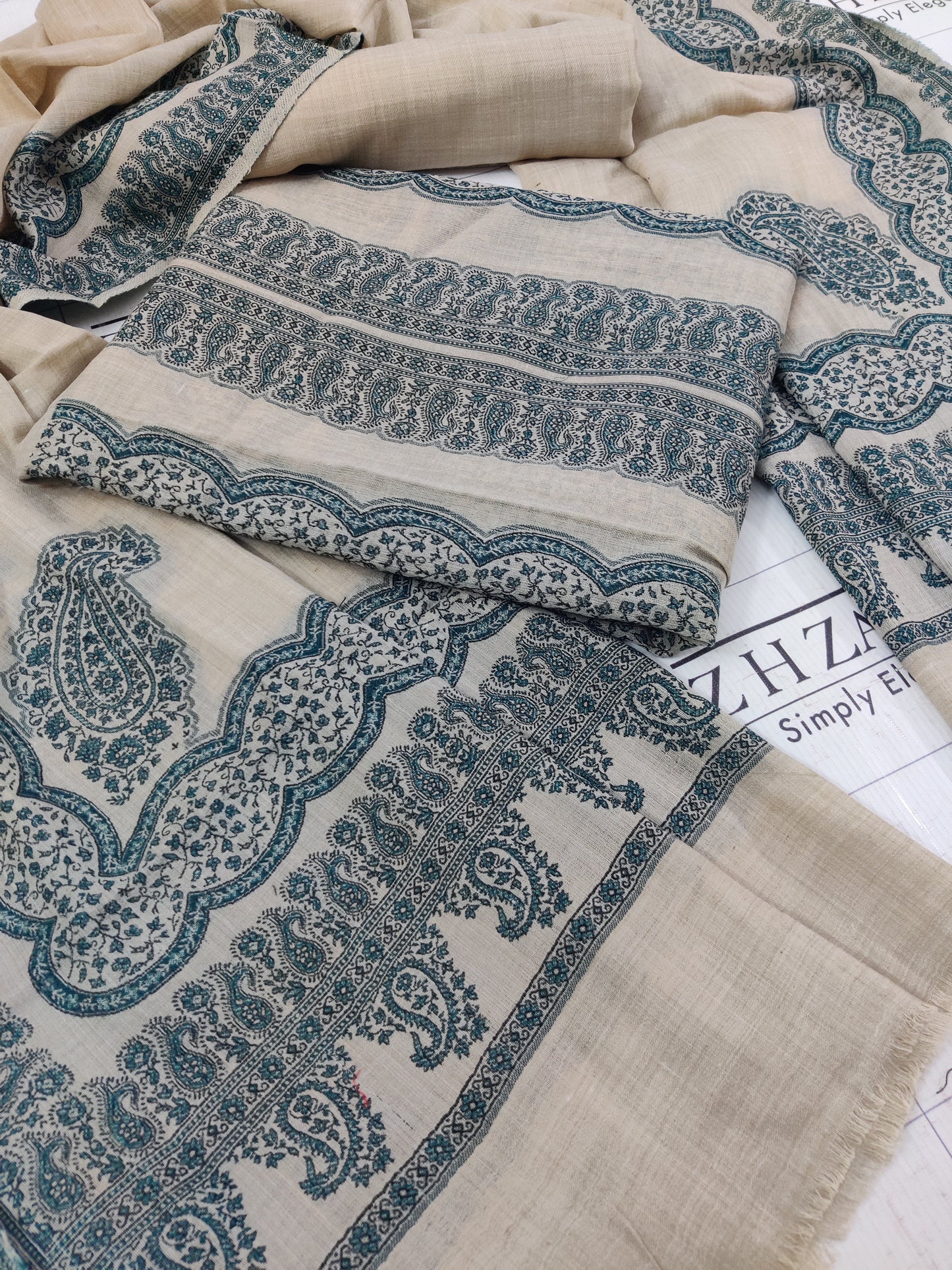 Beige Green Double Kani Pashmina 3pc