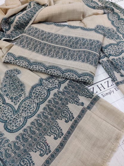 Beige Green Double Kani Pashmina 3pc