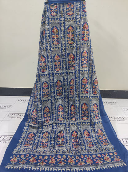 Embroidered Peacock Blue Pashmina 3pc
