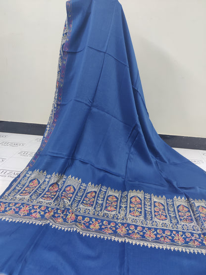 Embroidered Peacock Blue Pashmina 3pc