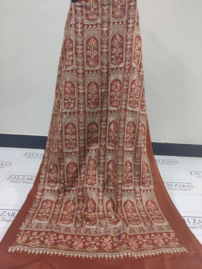 Embroidered Hazel Brown Pashmina 3pc