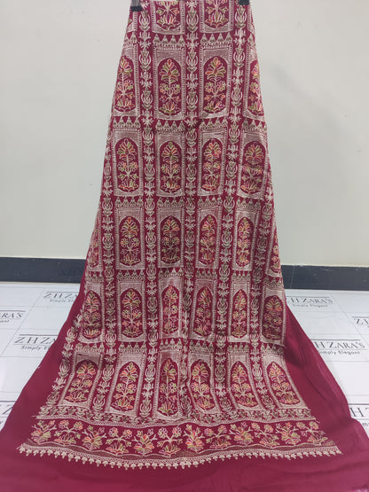 Embroidered Maroon Pashmina 3pc