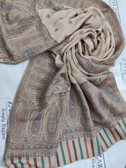 Beige Foan Boti Kani Pashmina Shawl