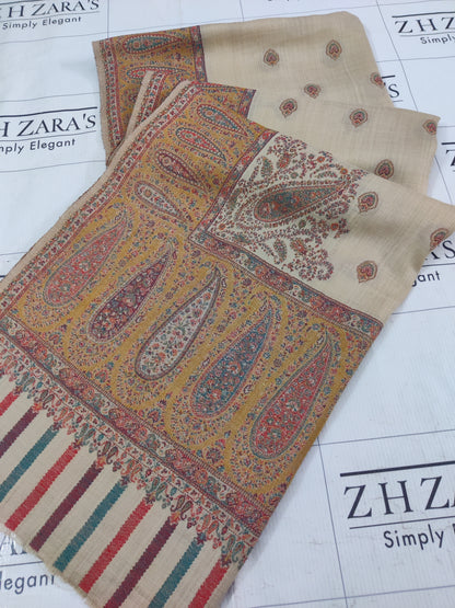 Beige Mustard Boti Kani Pashmina Shawl
