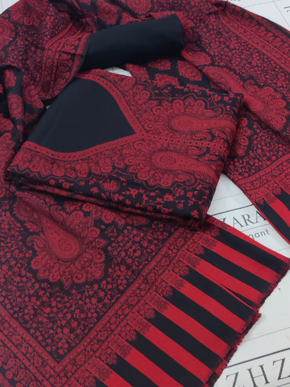 Black Red Gala Double Kani Pashmina 3pc