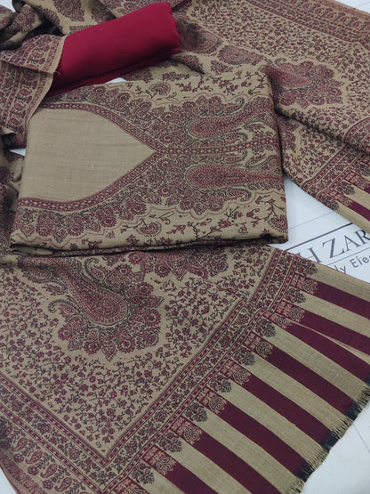 Camel Maron Gala Double Kani Pashmina 3pc