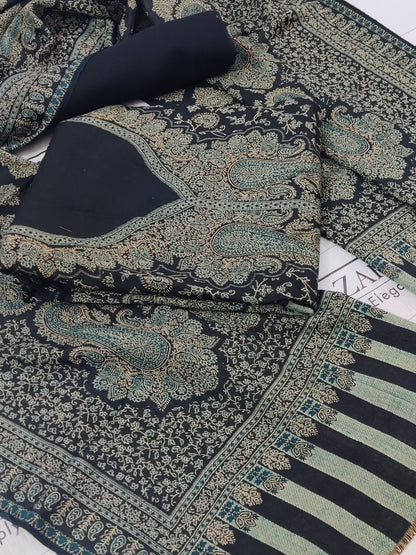 Black Green Gala Double Kani Pashmina 3pc