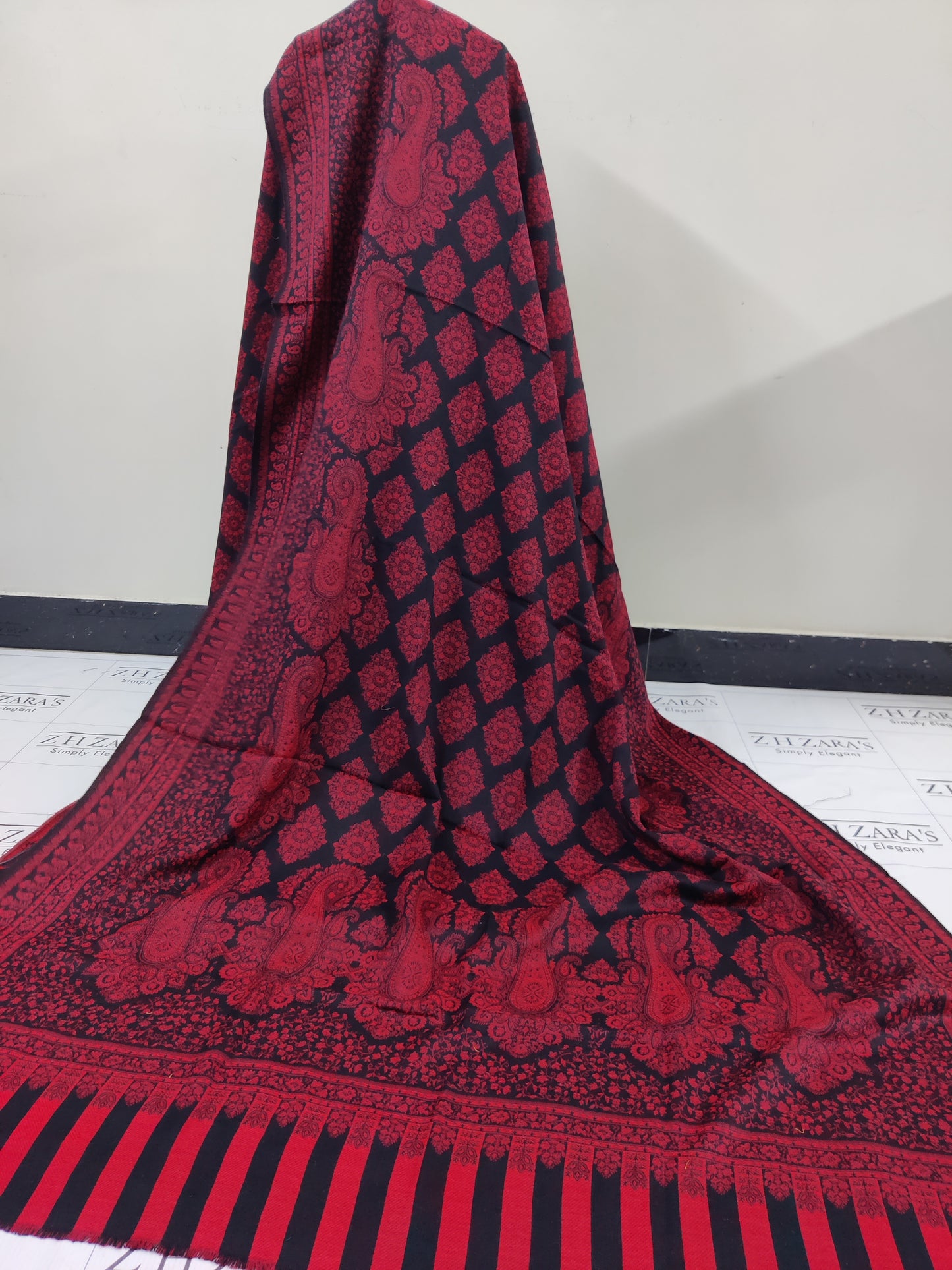 Black Red Gala Double Kani Pashmina 3pc
