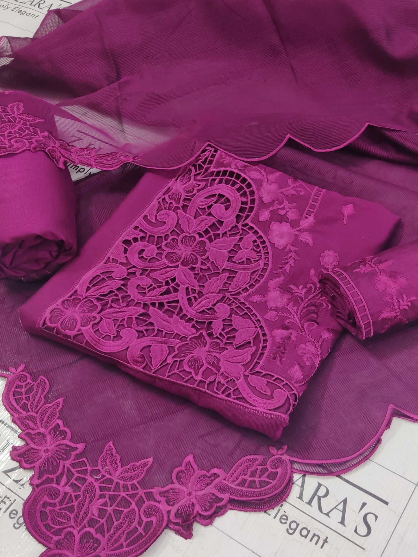 Magenta Resham Silk Cutwork 3pc