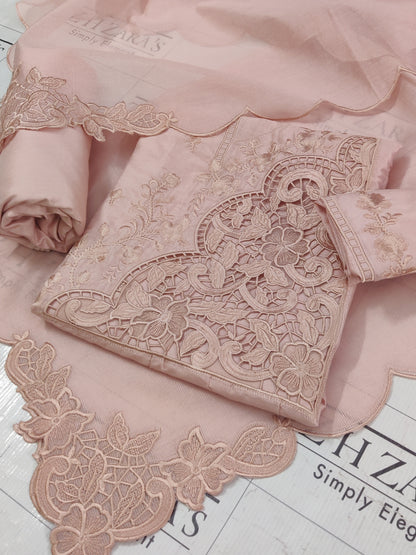 Peachy Pink Resham Silk Cutwork 3pc