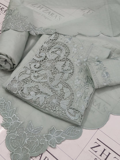 Olive Mint Green Resham Silk Cutwork 3pc