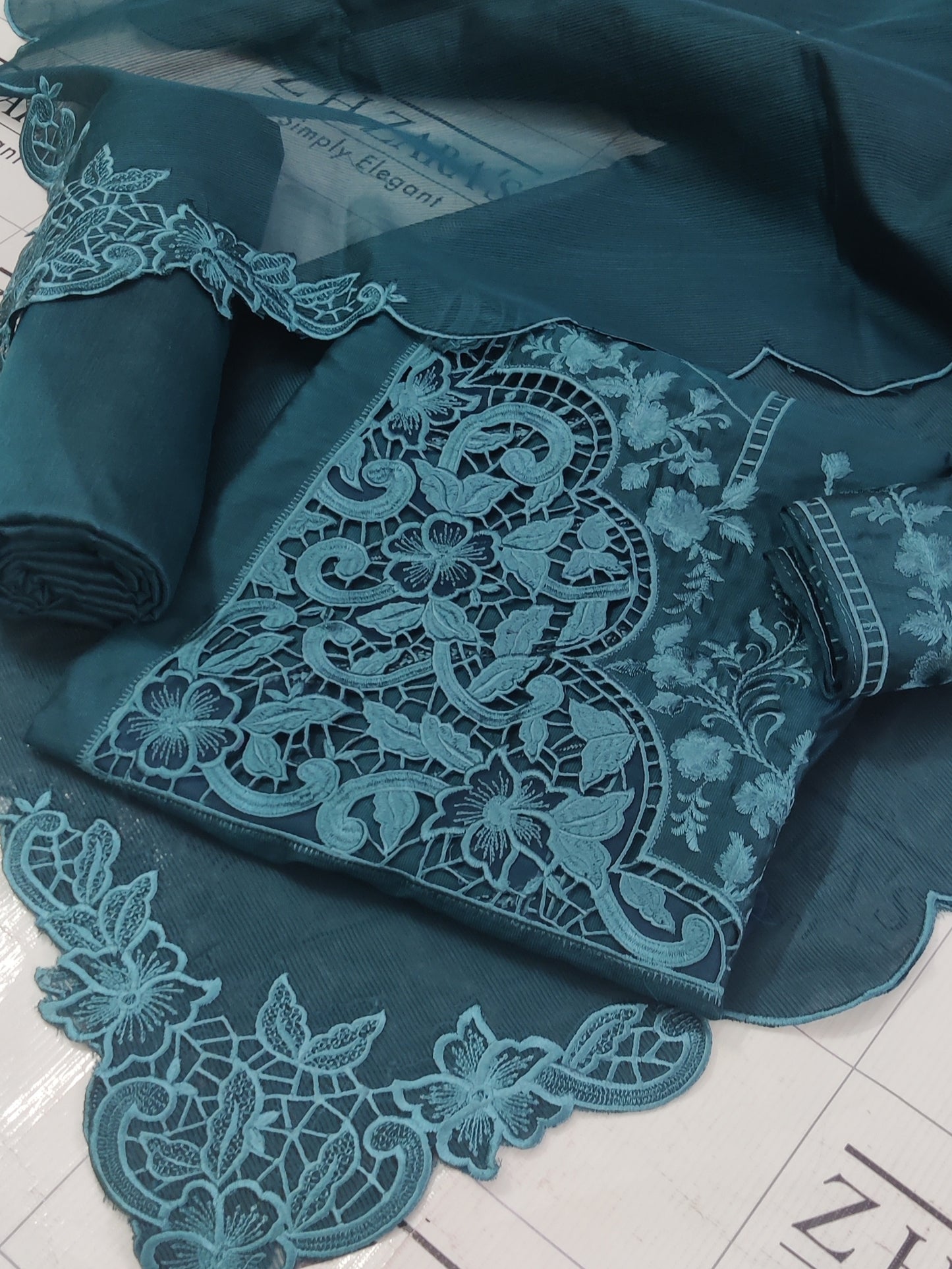Peacock Teal Green Resham Silk Cutwork 3pc