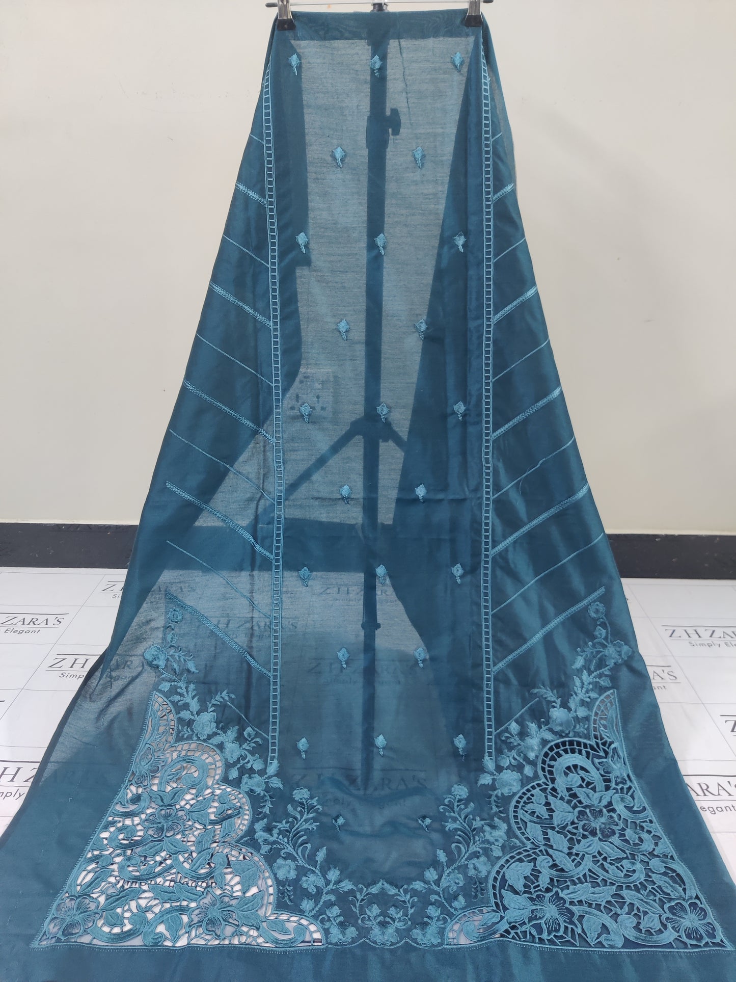 Peacock Teal Green Resham Silk Cutwork 3pc