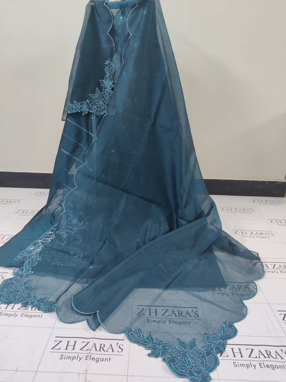 Peacock Teal Green Resham Silk Cutwork 3pc