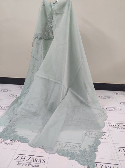 Olive Mint Green Resham Silk Cutwork 3pc