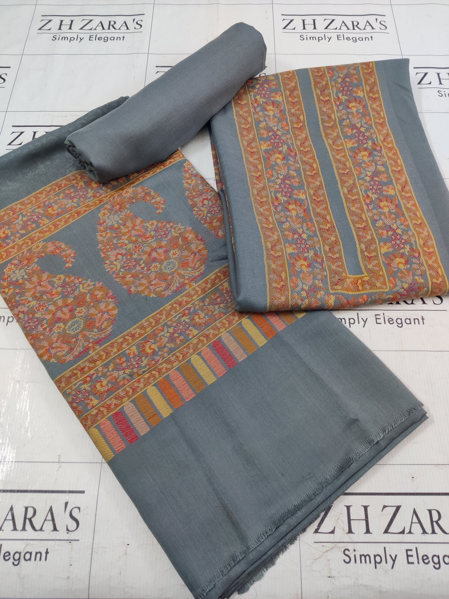 Metallic Grey Jacquard Kani Pashmina 3pc