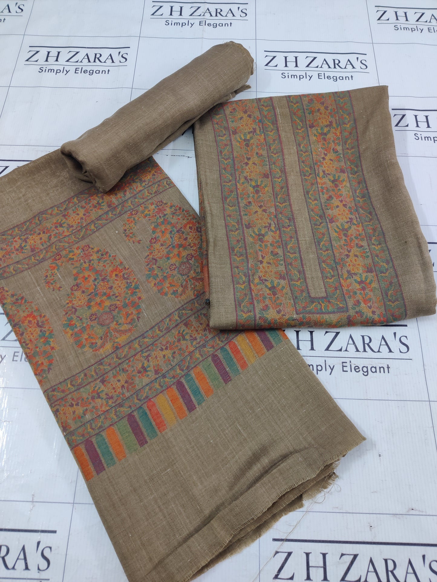 Camel Brown Jacquard Kani Pashmina 3pc