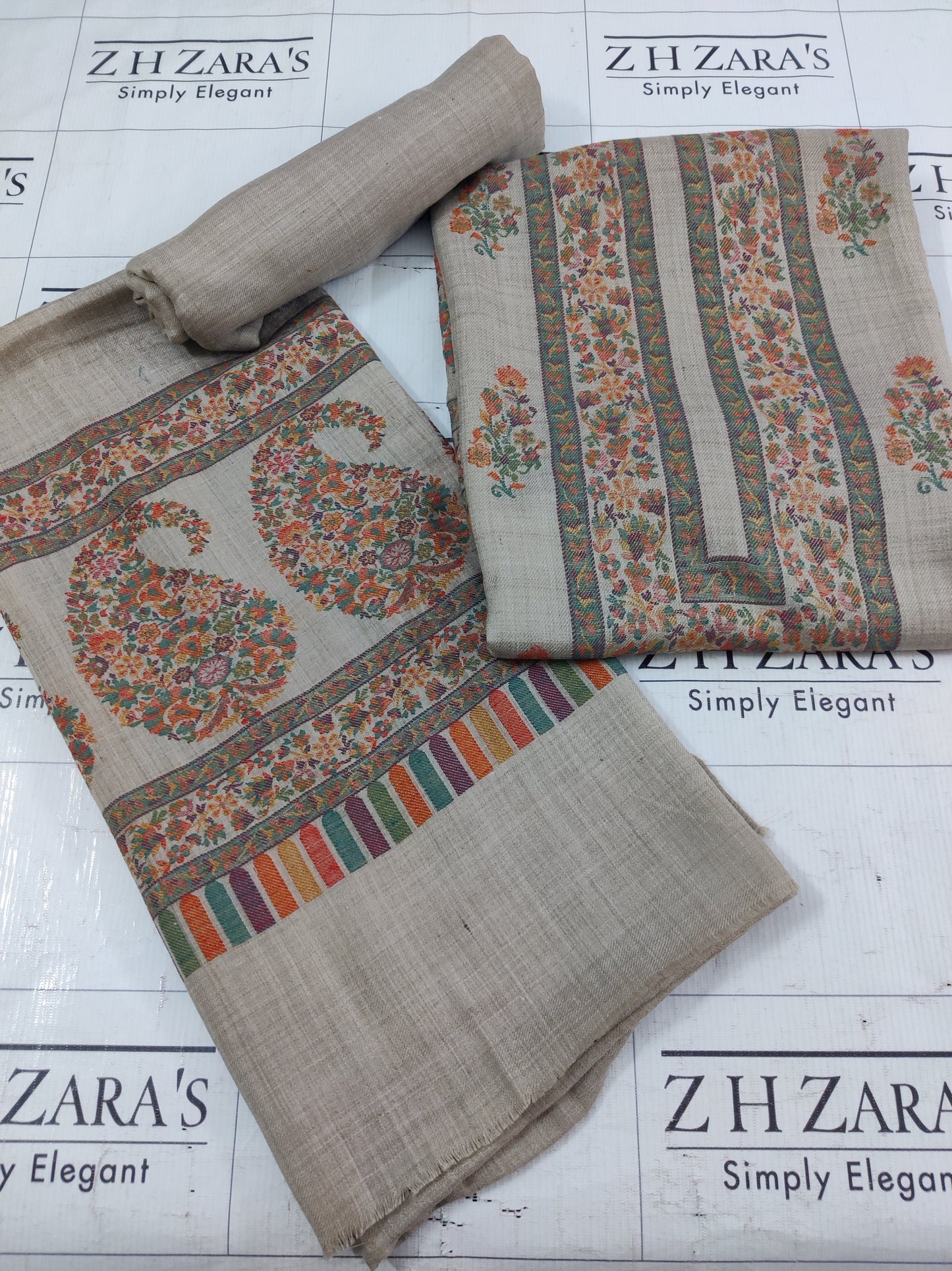 Coffee Beige Jacquard Kani Pashmina 3pc