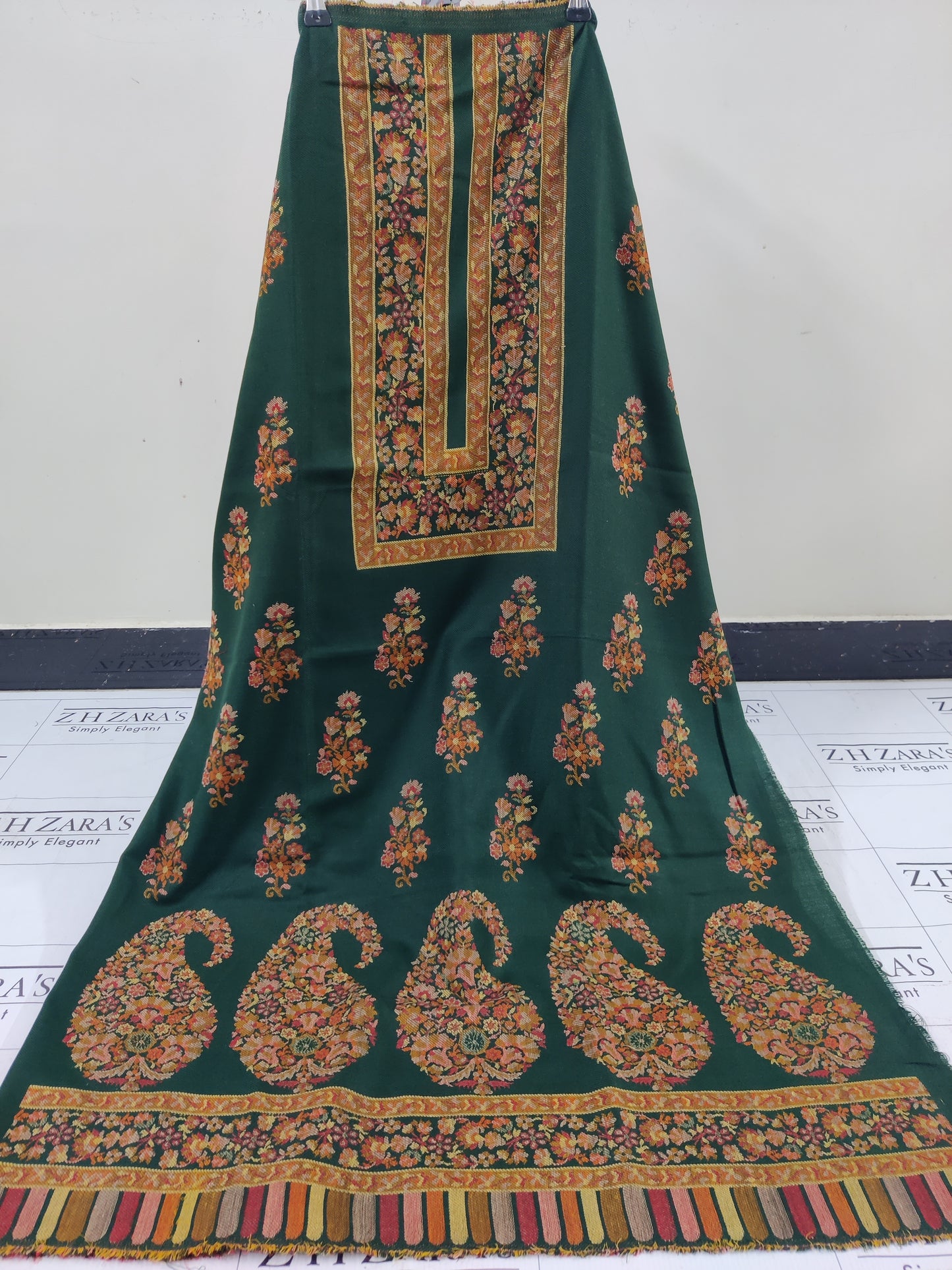Bottle Green Jacquard Kani Pashmina 3pc