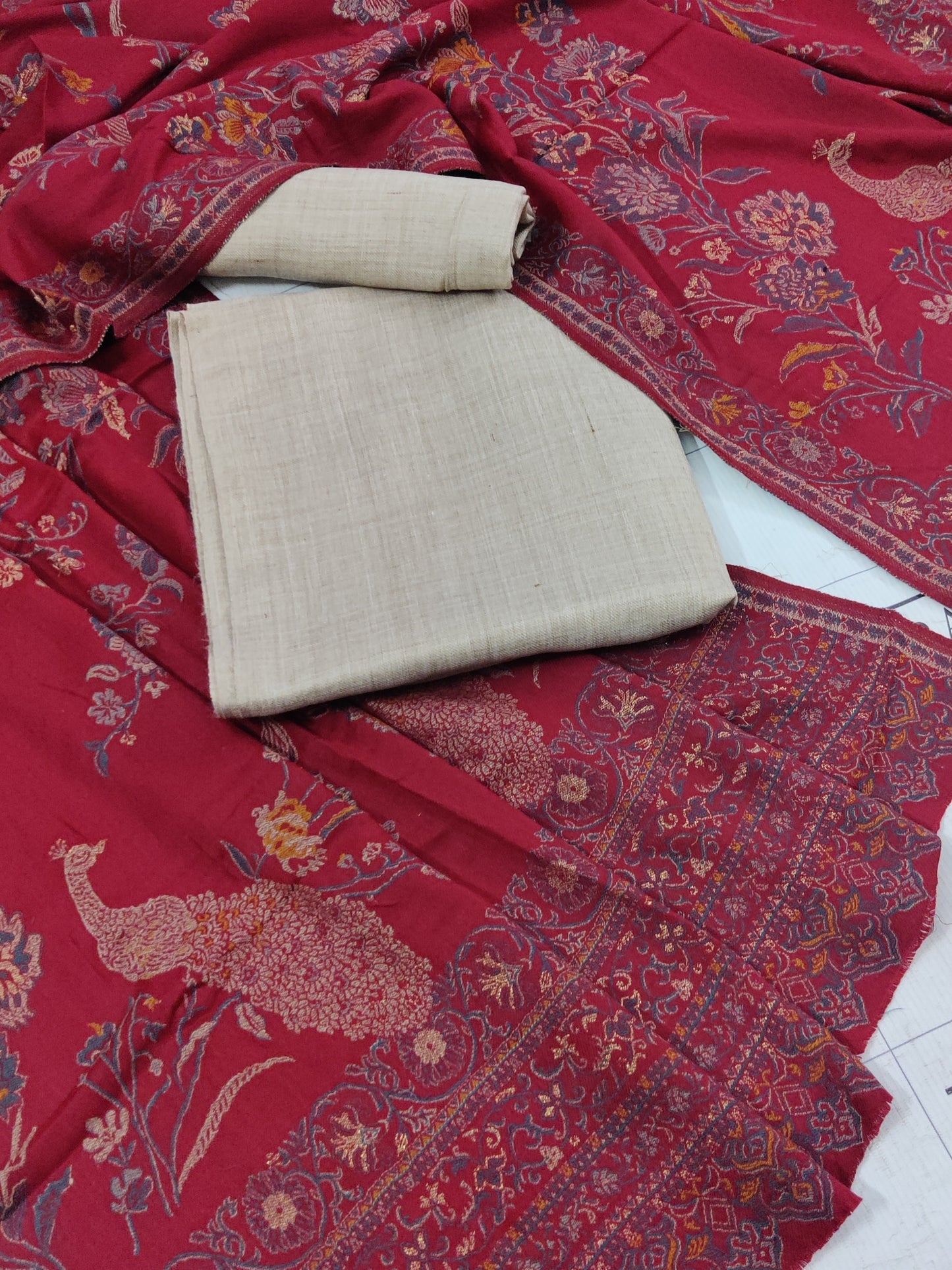 Maroon Jaal Pashmina Shawl & 3pc