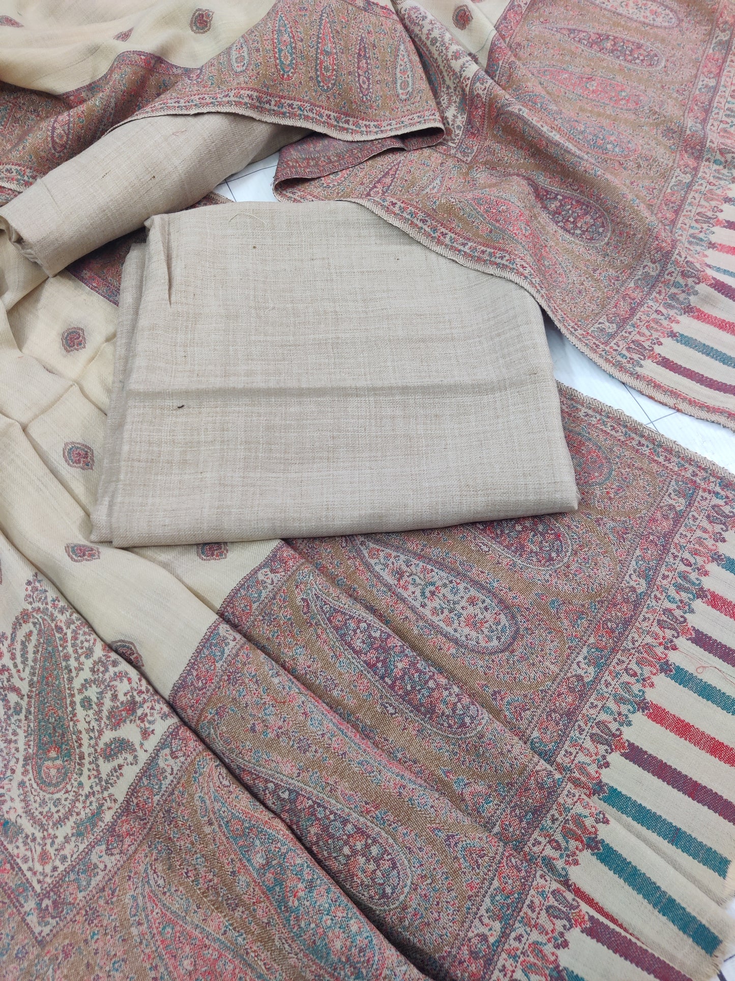 Beige Boti Pashmina Shawl & 3pc