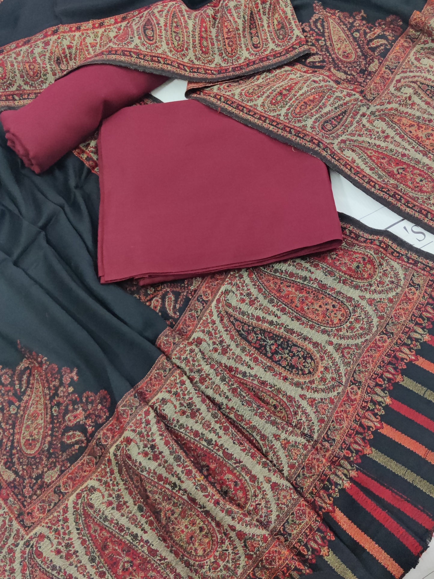 Black Maroon Kari Pashmina Shawl & 3pc
