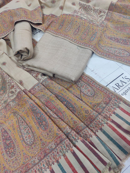 Mustard Beige Boti Pashmina Shawl & 3pc