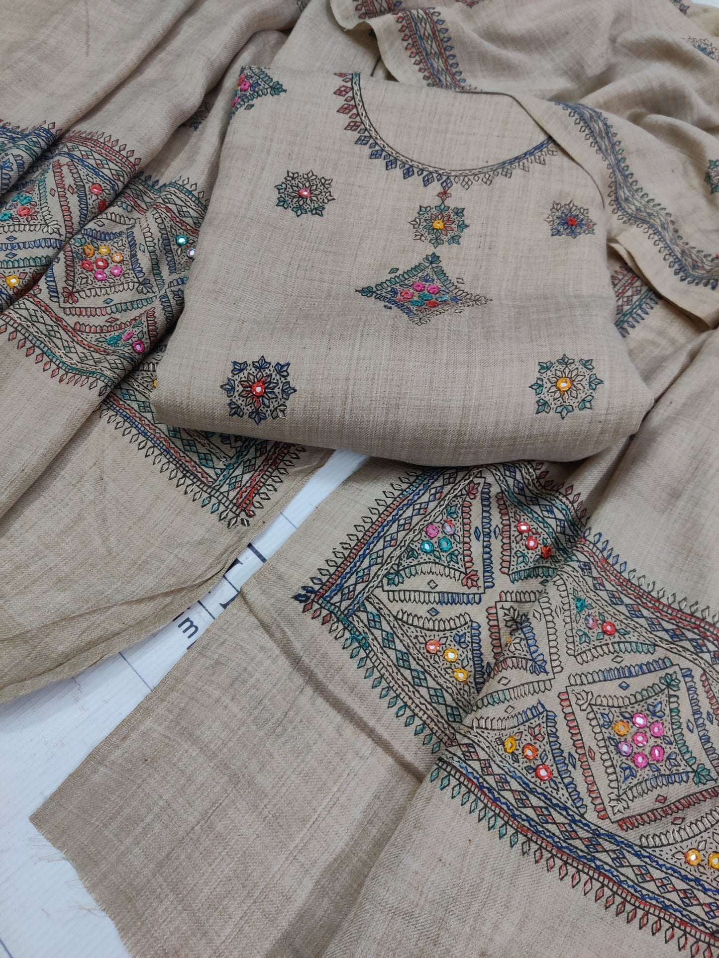 Coffee Beige Needle Embroidery Pashmina 3pc