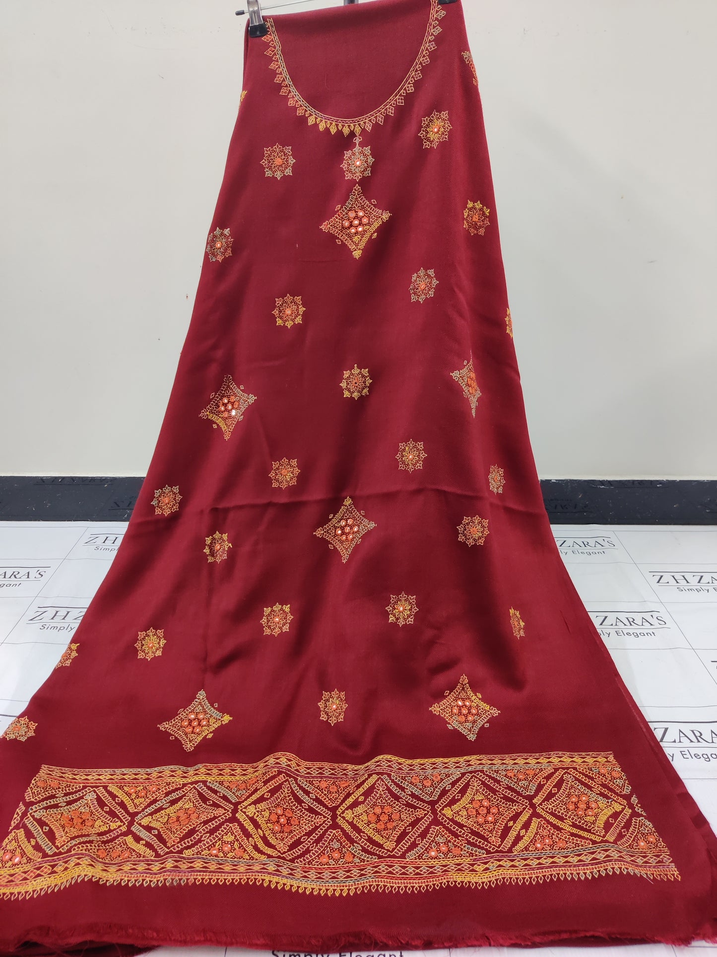 Rusty Maroon Needle Embroidery Pashmina 3pc