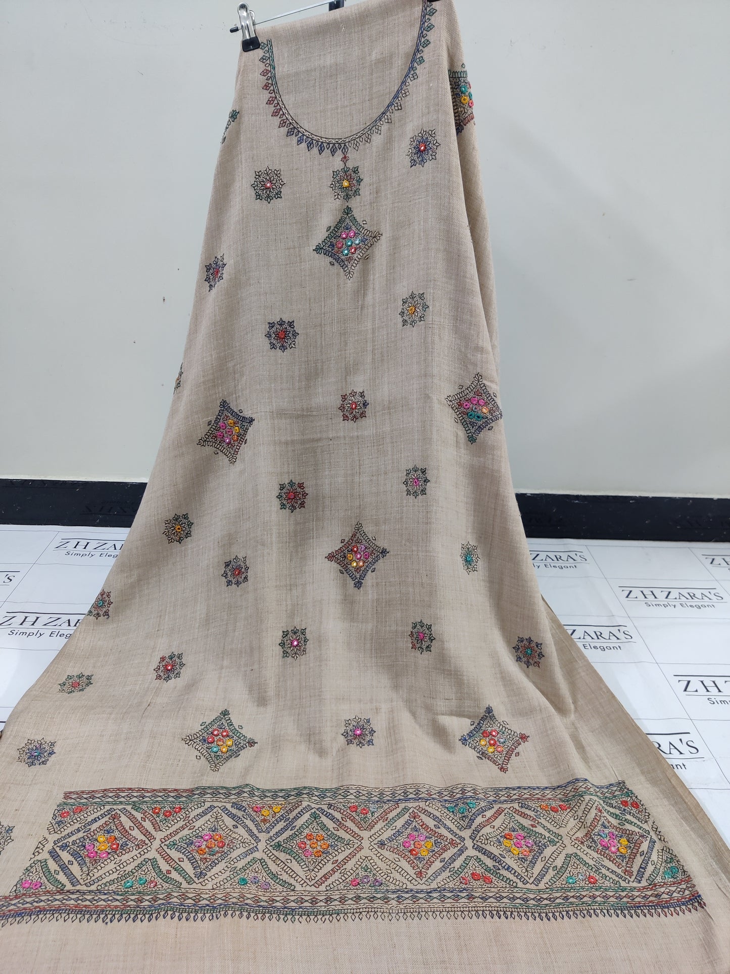 Coffee Beige Needle Embroidery Pashmina 3pc