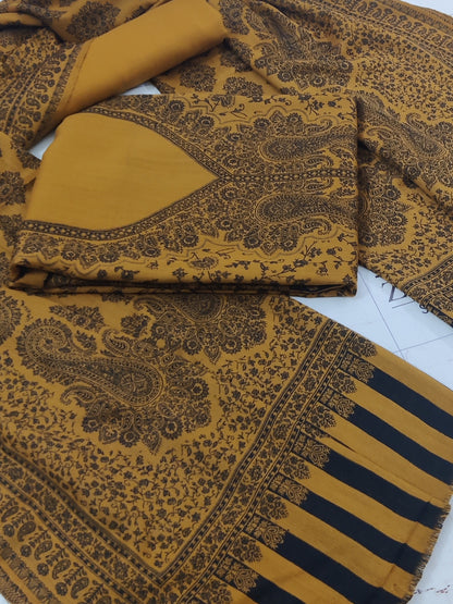 Mustard Black Gala Double Kani Pashmina 3pc