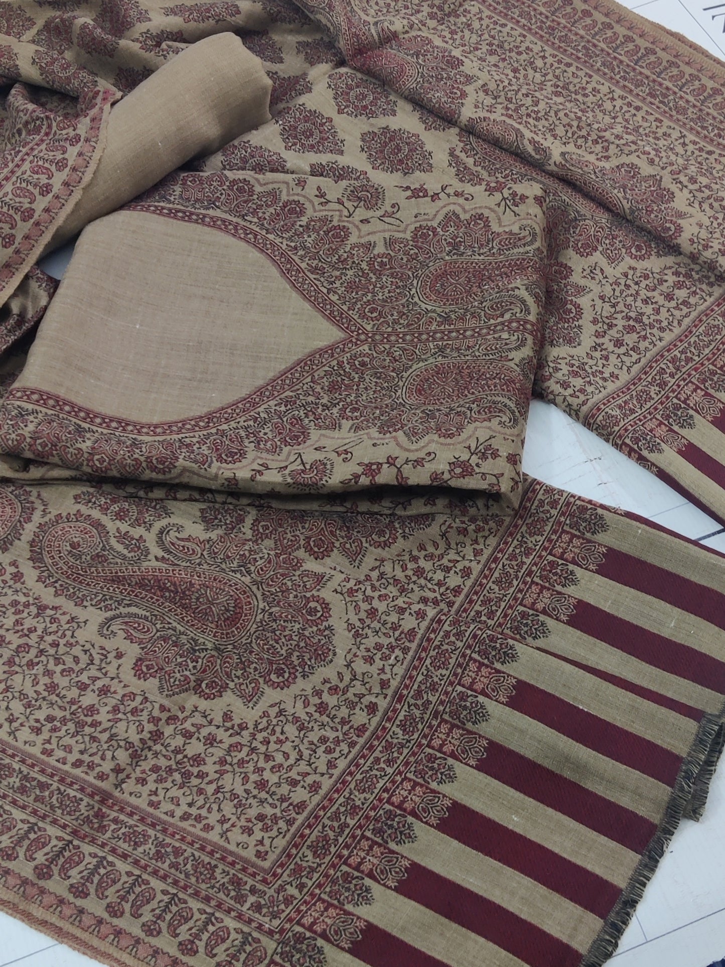 Camel Maroon Gala Double Kani Pashmina 3pc