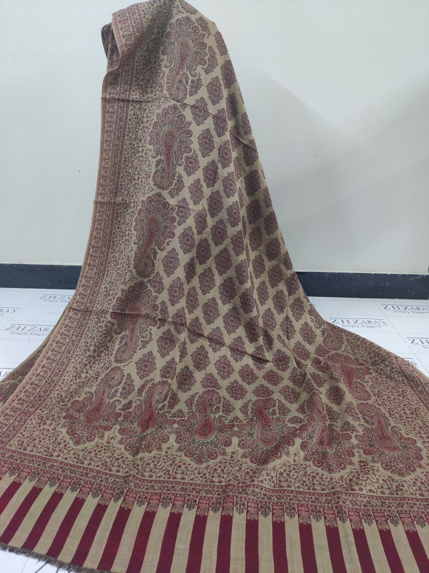 Camel Maroon Gala Double Kani Pashmina 3pc