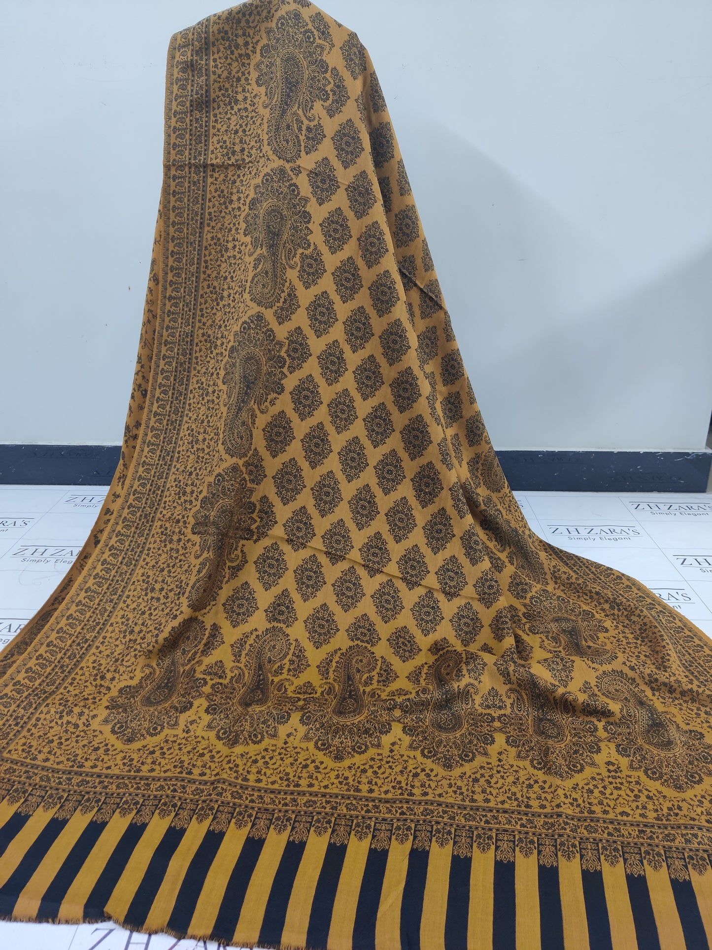 Mustard Black Gala Double Kani Pashmina 3pc