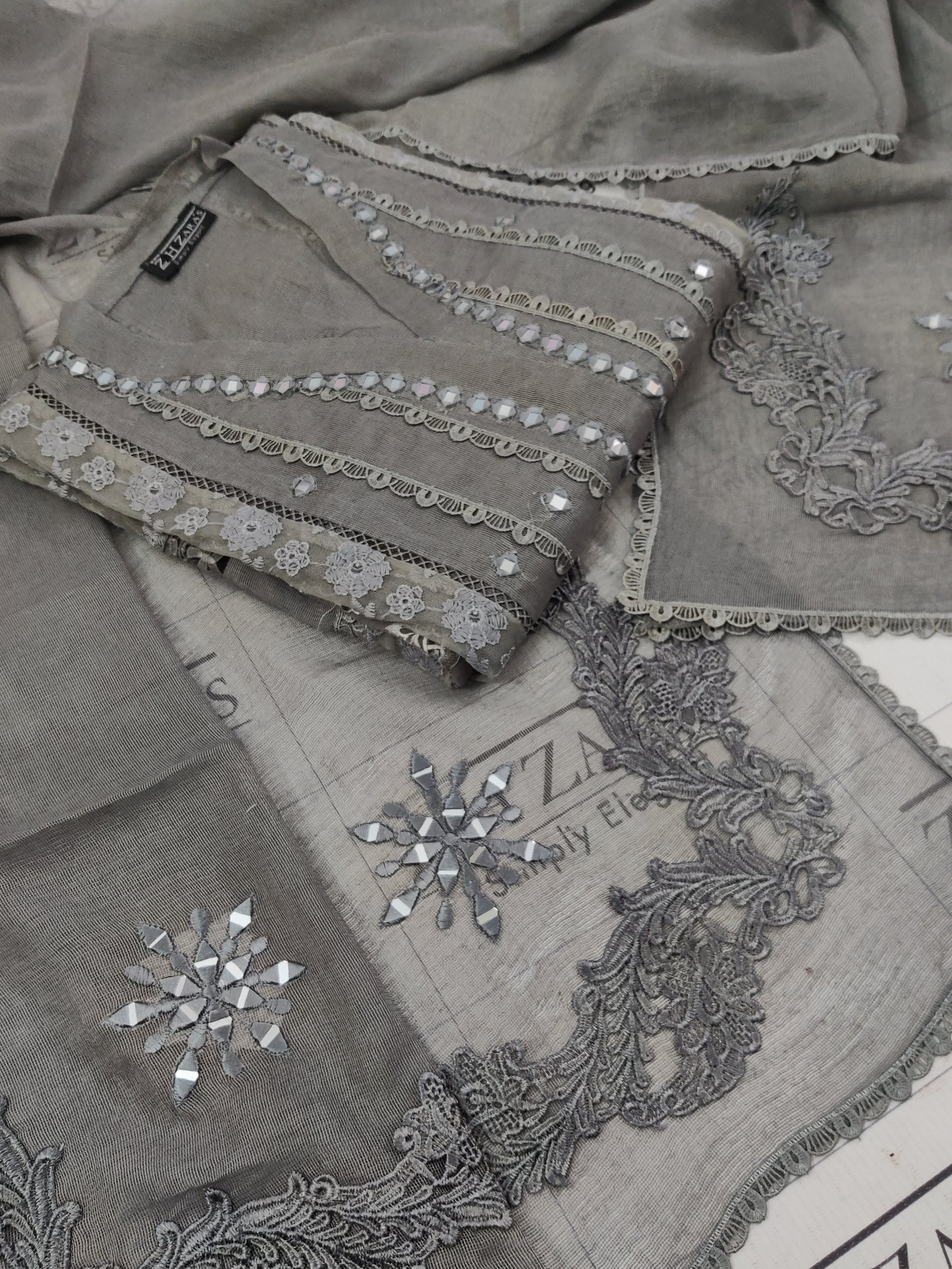 Charcoal Grey Mirror Cutwork 2pc