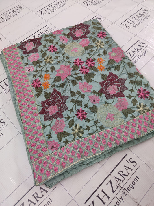 Aqua Silk Embroidery Shawl