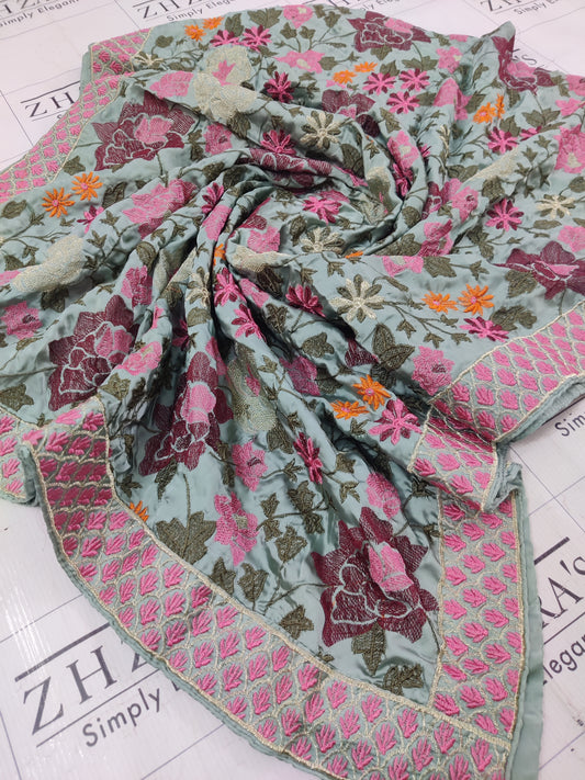 Aqua Silk Embroidery Shawl