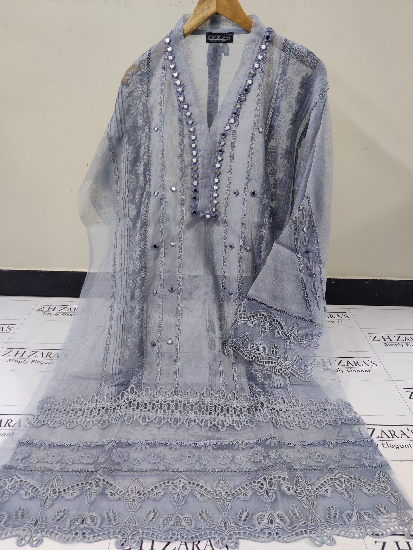 Bluish Grey Mirror Cutwork 2pc