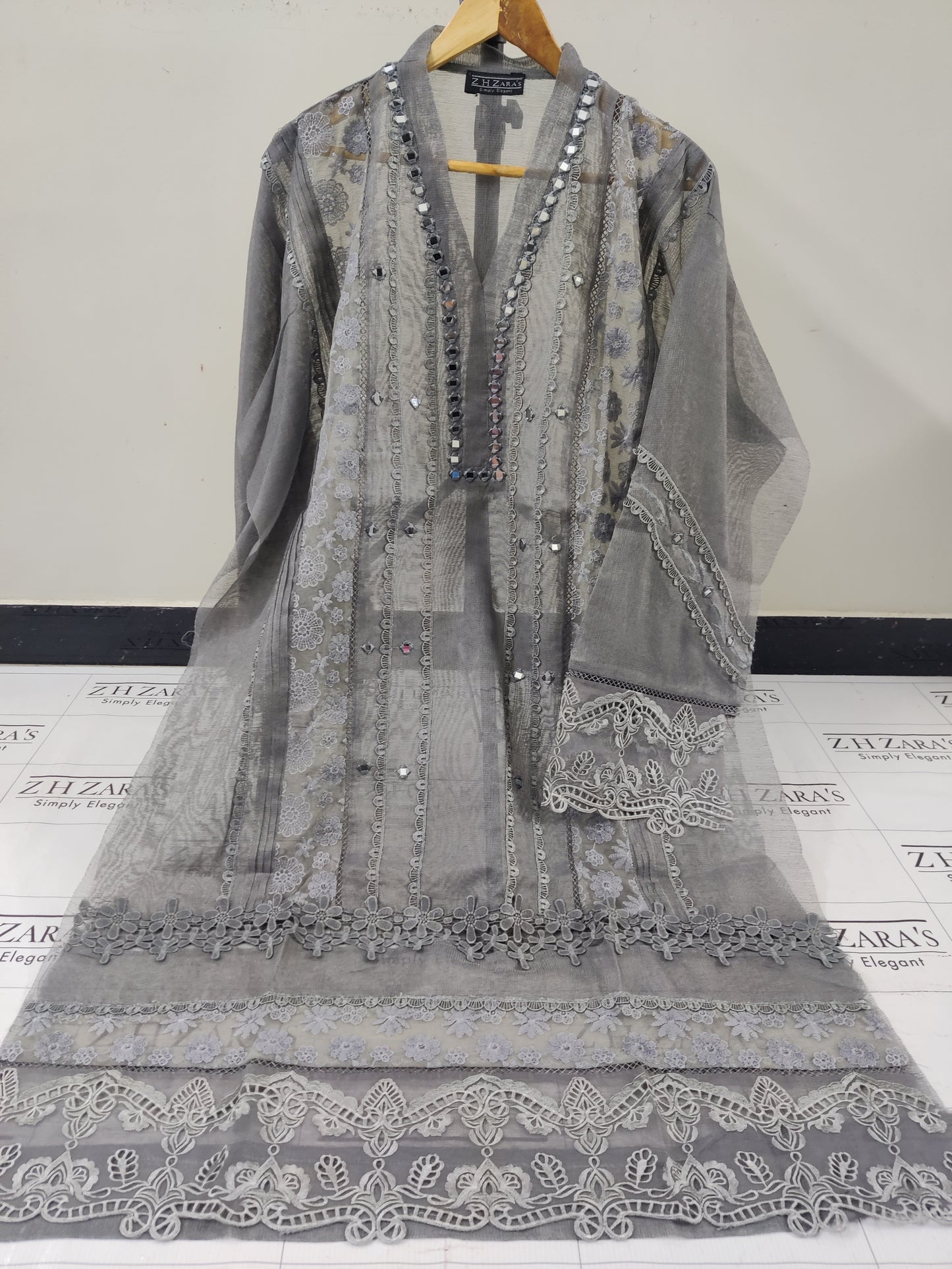 Charcoal Grey Mirror Cutwork 2pc