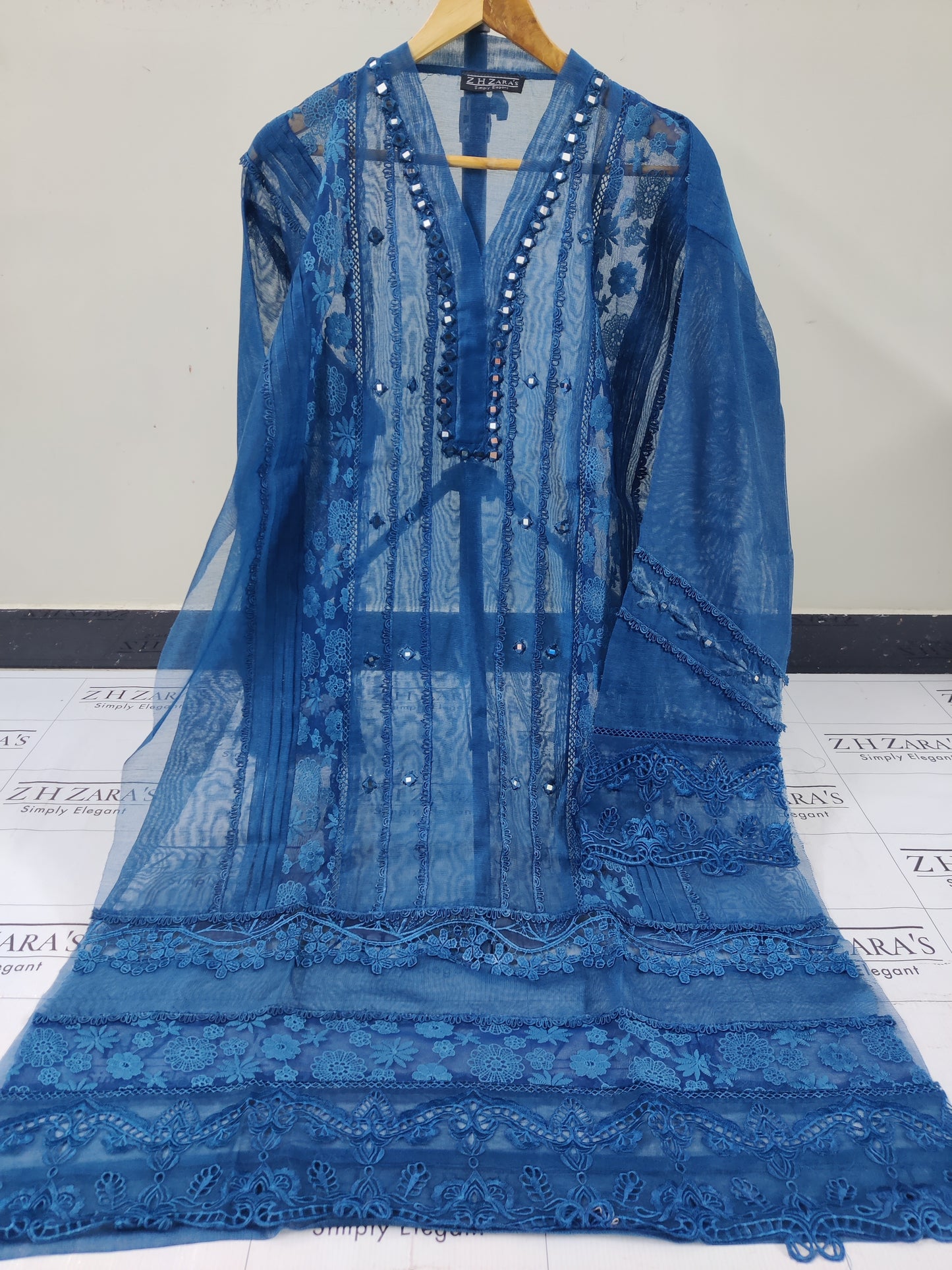 Peacock Blue Mirror Cutwork 2pc